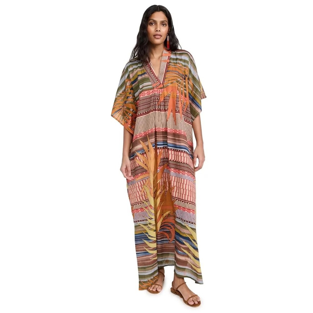 Guadalupe Design Kaftan Dress Imani Tropical Palm Print Multi OS Bohemian Resort